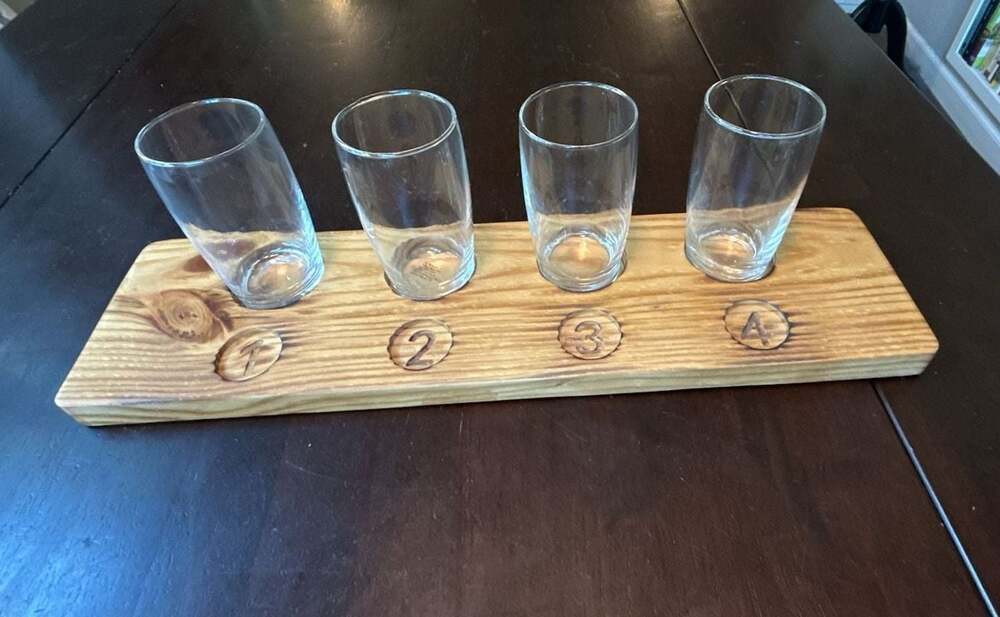 Hammer + Axe Wooden 4 Slots Beer Tasting Flight Set with Glasses